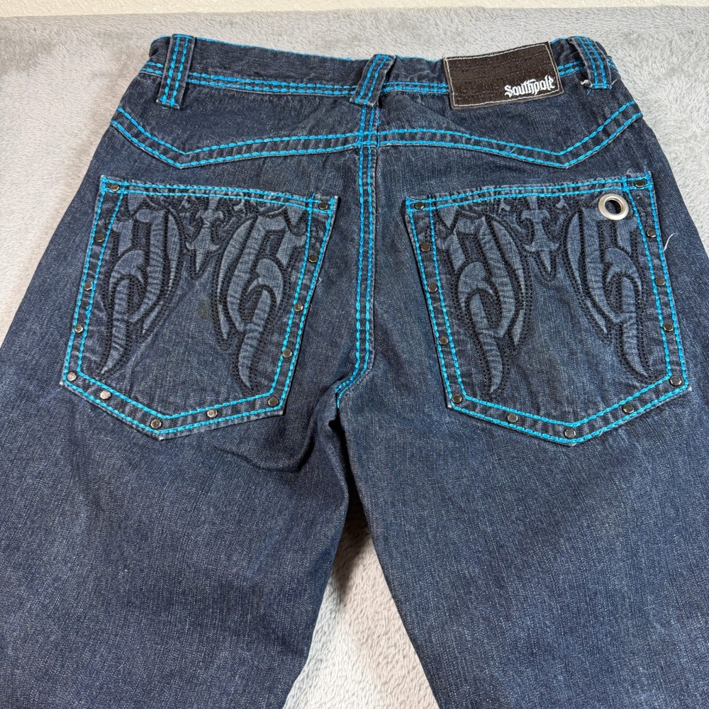 Vtg Southpole Jeans Men 32x32 Blue Dark Wash Thick Stitch Embroidered Goth Y2K